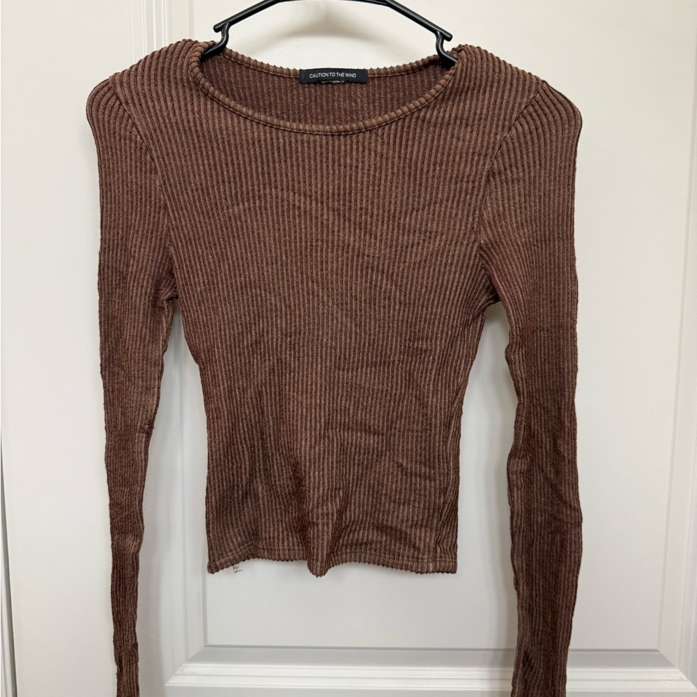 Caution To The Wind Brown Ribbed Fitted Blouse